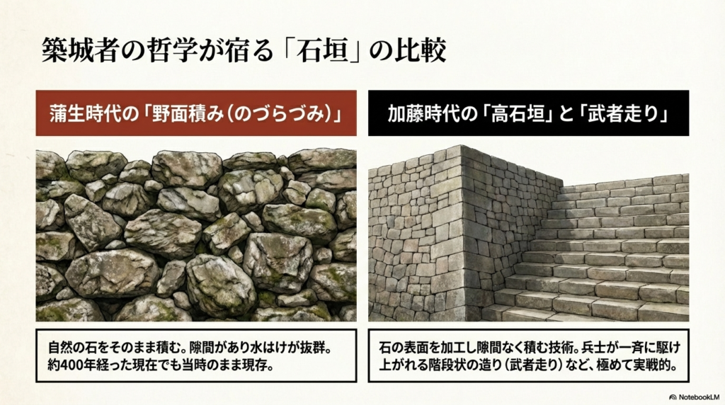 蒲生時代の自然の石をそのまま積む「野面積み」と、加藤時代の隙間なく積む実戦的な「高石垣」や「武者走り」の特徴を比較したイラストスライド。