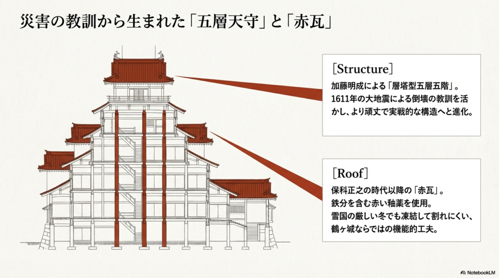 鶴ヶ城の断面図を用いて、加藤明成による地震に強い層塔型五層五階の構造と、保科正之の時代以降に導入された雪国の冬を耐え抜く赤瓦の特徴を解説したスライド。
