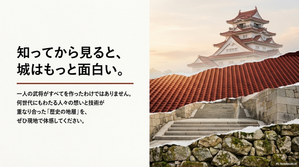 赤瓦の天守閣と石垣の美しい景色とともに、「一人の武将がすべてを作ったわけではありません。何世代にもわたる人々の想いと技術が重なり合った『歴史の地層』を、ぜひ現地で体感してください。」というメッセージが書かれたスライド。