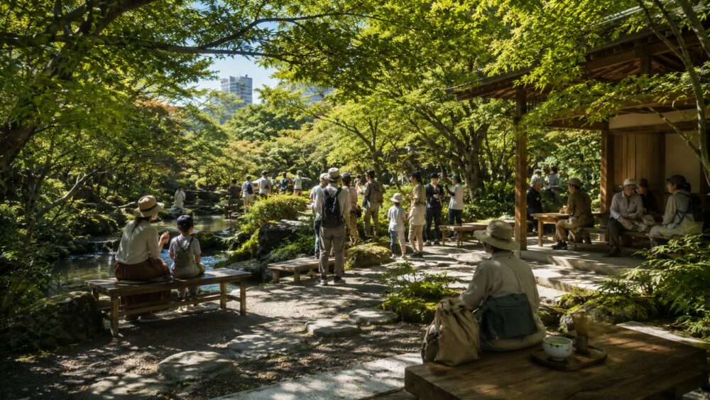 家族や観光客でにぎわう野外茶会