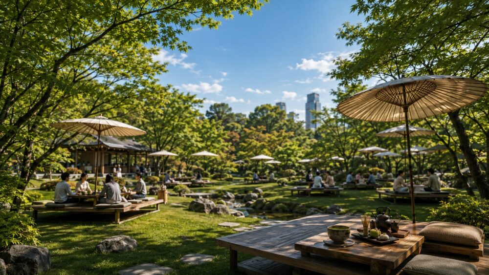 緑の公園に広がる茶席の風景