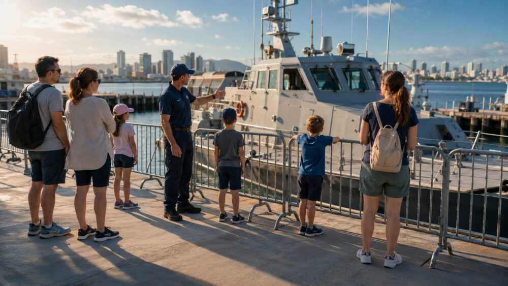 子ども連れで安全に艦艇見学する家族